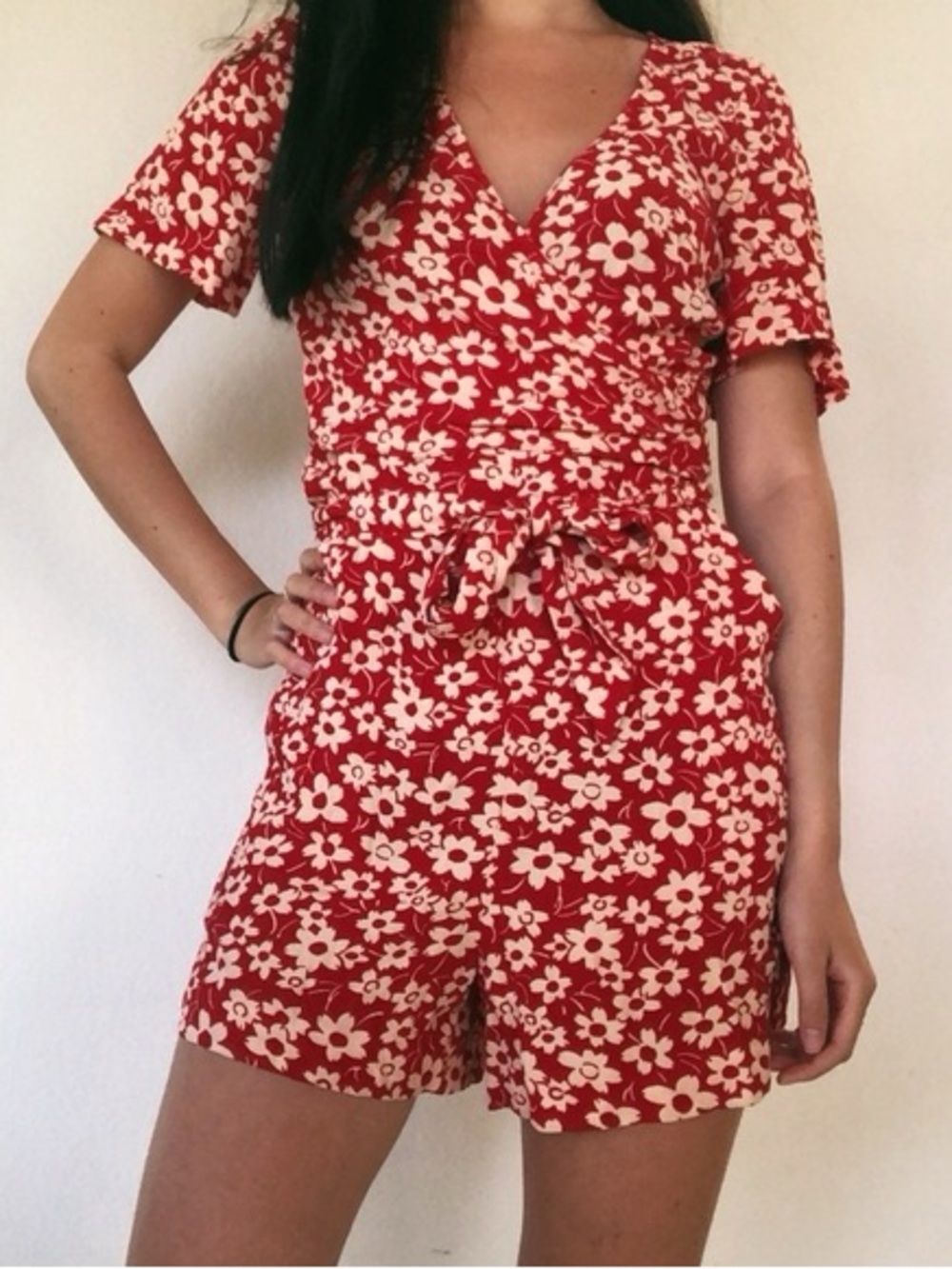 Madewell Wrap around Romper with Red and beige florals Size 4